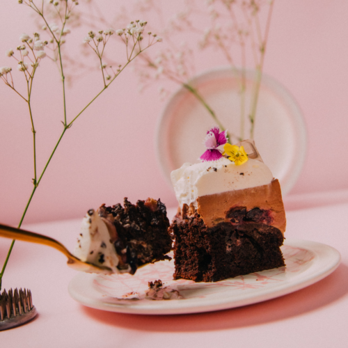 Chocolate cake slice with whipped cream and flowers on a pink background.