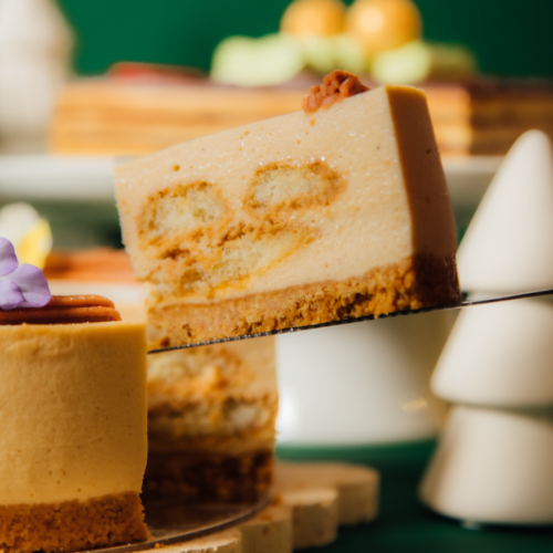 Slice of cheesecake with a biscuit base on a serving spatula.