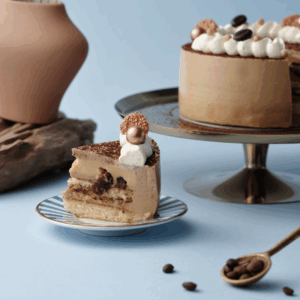 Coffee-flavored cake slice on plate, whole cake in background.