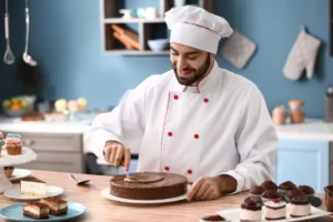 A pastry chef decorating a chocolate cake