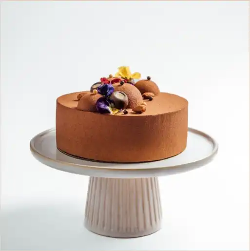 A round chocolate mousse cake with a velvety cocoa exterior, decorated with domes, flowers, and chocolate accents
